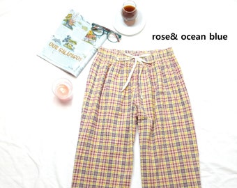 100%Cotton Seersucker Unisex Plaid Pants w/Pocket, Baggy Fit. Pre-Washed, Custom size Available