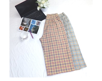 100% Cotton-Seersucker Baggy fit Plaid Unisex CAPRI Pants with Pocket, Pre-Washed, No shrink after wash, Elastic Waist, Comfy Comfortable
