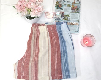 LINEN Pajama Stripes Unisex Short-Pants w/Pocket Pre-Washed Linen blend PJ, Comfortable Casual Pants,Easy Out Wear,Custom pajama available