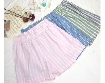 LINEN stripe Unisex short Pajama Pants w/ Pocket, No shrink after wash ,Pre-Washed, Elastic Waist, Breathable, Comfy Comfortable.