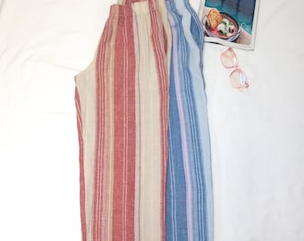 LINEN Long Pajama: Unisex Linen-blend Stripes long-Pants w/Pocket,Pre-Washed, Custom size Available