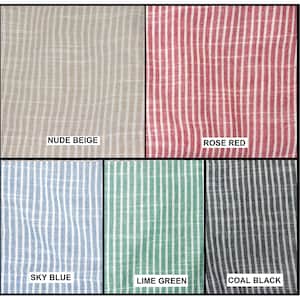 May include: A fabric swatch set with six different colors and patterns. The colors are nude beige, rose red, sky blue, lime green, and coal black. Each swatch has a white stripe pattern.
