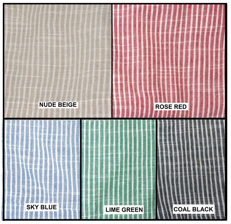 May include: A fabric swatch set with six different colors and patterns. The colors are nude beige, rose red, sky blue, lime green, and coal black. Each swatch has a white stripe pattern.