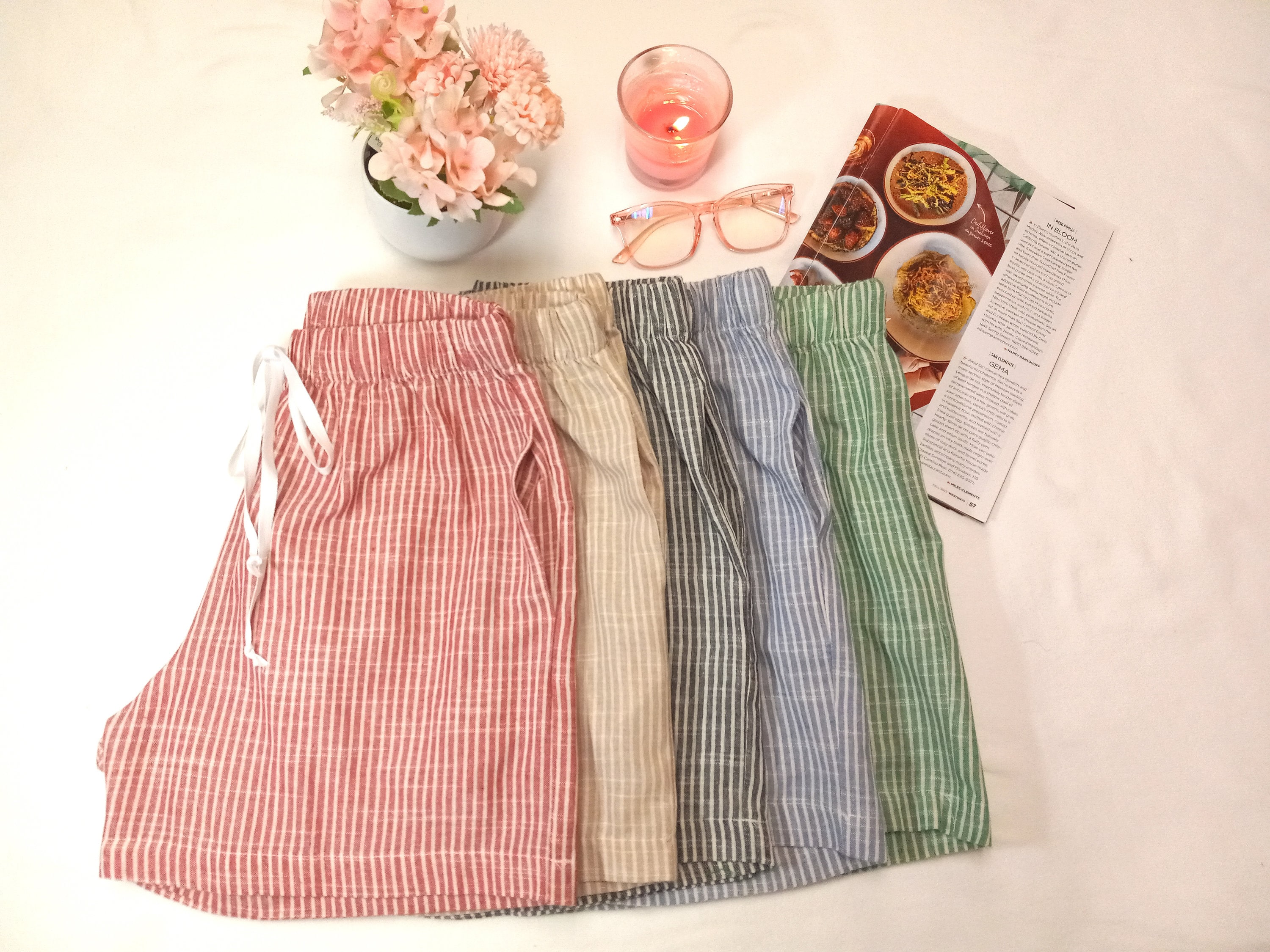 Striped Linen Blend Pajama Shorts: Unisex Loungewear w/Pockets, Pre-washed Custom Size Available