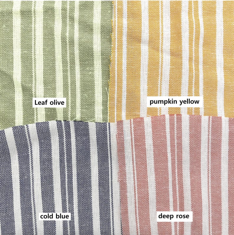 May include: Four fabric swatches with white stripes and different colored stripes. The swatches are labeled "leaf olive", "pumpkin yellow", "cold blue", and "deep rose".