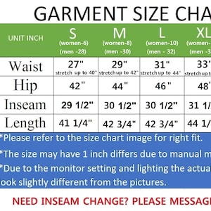 May include: A garment size chart with measurements in inches for different sizes of pants. The chart includes waist, hip, inseam, and length measurements. The chart also includes notes about the size and color of the pants.