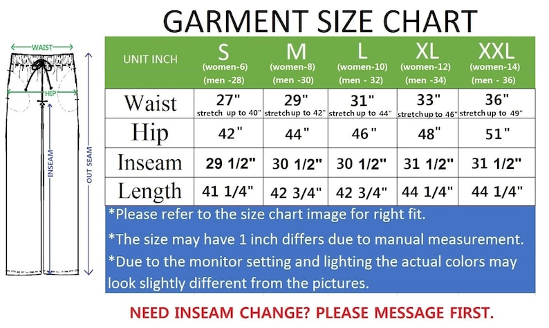May include: A garment size chart with measurements in inches for different sizes of pants. The chart includes waist, hip, inseam, and length measurements. The chart also includes notes about the size and color of the pants.