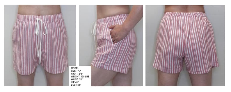 May include: Red and white striped pajama shorts with a drawstring waist. The model is 5'8" tall, weighs 170 lbs, has a 35 inch waist, 43 inch hips, and a 42 inch bust.