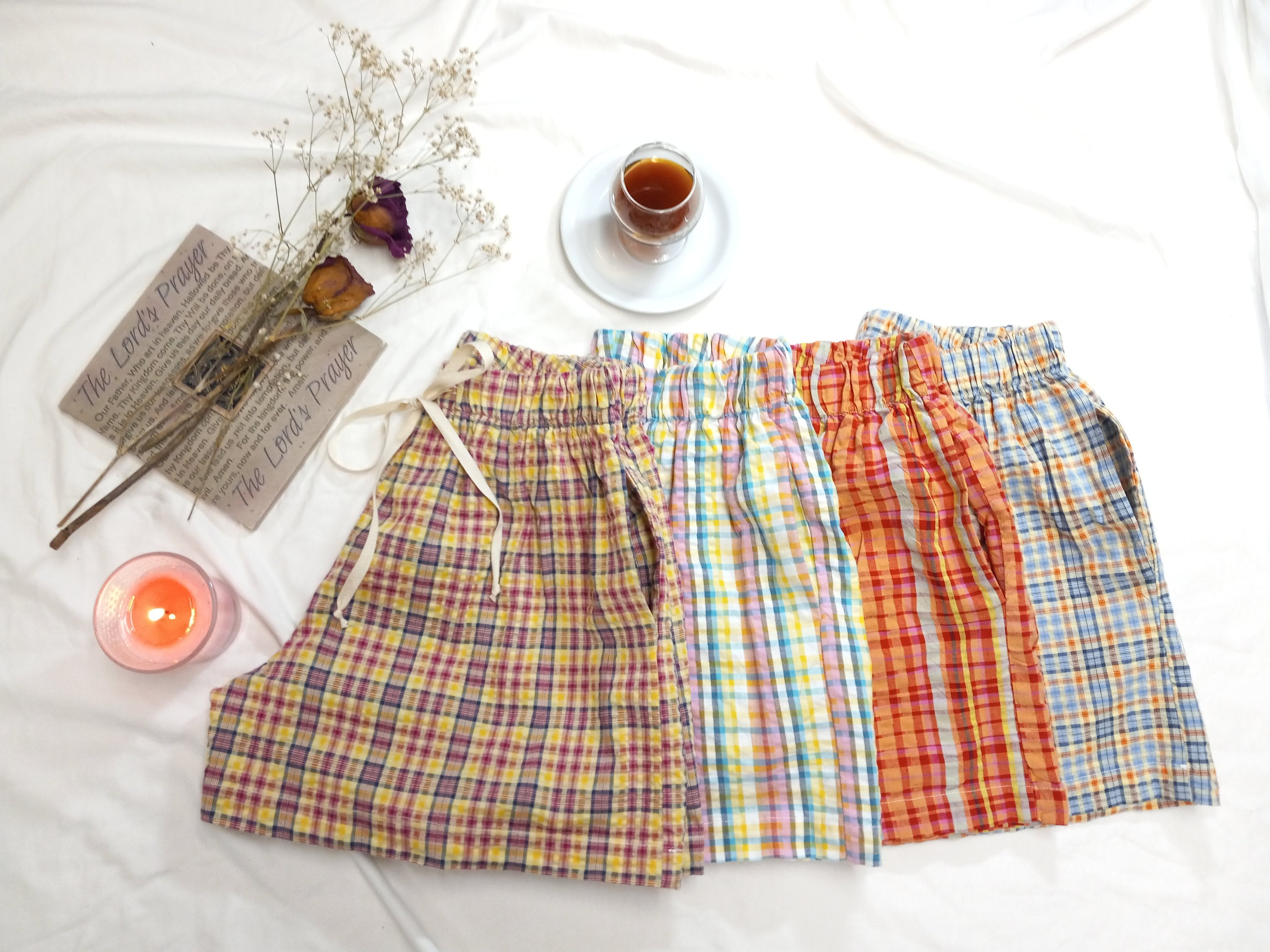 100% Cotton Pajama Seersucker Plaid Unisex Short Pajamas w/Pocket, Pre-Wash Comfortable Casual Pants,Easy Out Wear,Custom pajama available