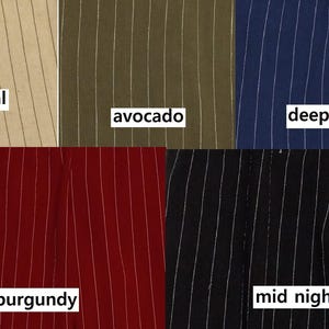May include: A fabric swatch display featuring five different colors: natural, avocado, deep navy, burgundy, and mid night. Each swatch has vertical white pinstripes. The colors are labeled with white text.