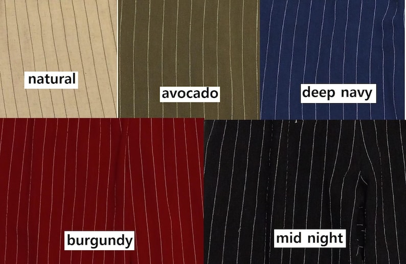 May include: A fabric swatch display featuring five different colors: natural, avocado, deep navy, burgundy, and mid night. Each swatch has vertical white pinstripes. The colors are labeled with white text.