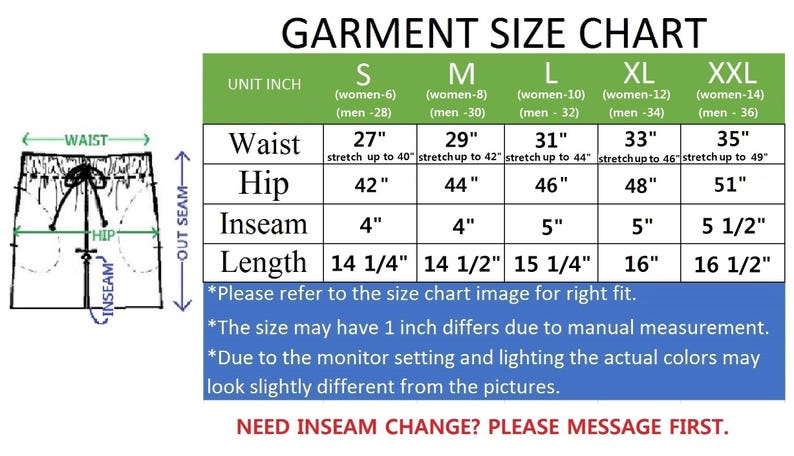 May include: Garment size chart with measurements for shorts, including waist, hip, inseam, and length in inches. Sizes range from S to XXL, with corresponding women's and men's sizes. Text on the chart includes a note about fit and color variations.