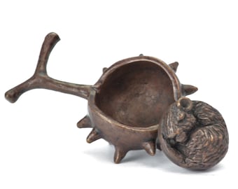 Tiny Bronze Sleeping Mouse in Conker Shell, Collectible Figurine