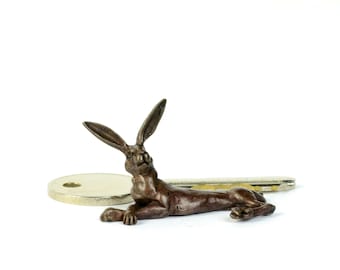 Miniature Bronze Hare Sculpture: Metal Okimono, Animal Lover Gift