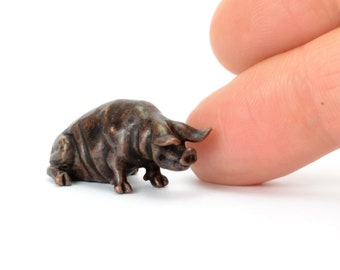 Tiny hot cast solid bronze pig sculpture, miniature metal farmyard animal, bonsai figurine, small gift for animal lovers