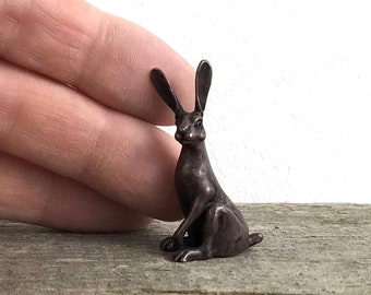 Miniature Bronze Hare Sculpture: Bonsai Wildlife Figurine