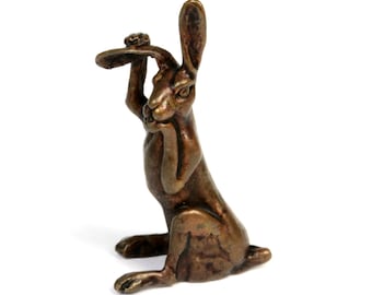 Miniature Bronze Hare Sculpture: Woodland Bonsai Decor