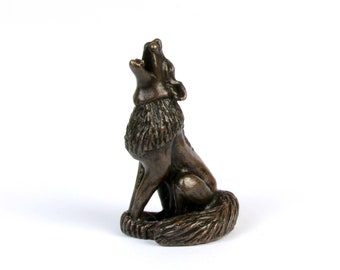 Solid Bronze Howling Wolf Sculpture, Collectible Miniature Figurine