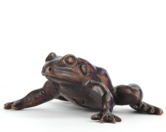 Solid Bronze Frog Sculpture: Miniature Bonsai Garden Figurine