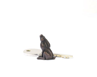 Tiny Bronze Moongazing Hare Sculpture: Miniature Wildlife Figurine