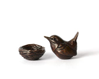Bronze Jenny Wren and Nest Sculpture: Miniature Bird Figurine