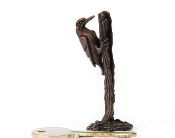 Miniature Bronze Woodpecker Sculpture: Woodland Bird Figurine