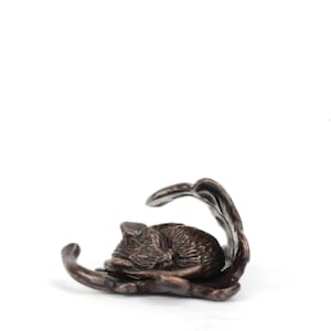 Bronze Mouse Sculpture, Miniature Sleeping Field Mouse on Oak Leaf