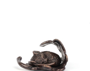 Bronze Mouse Sculpture, Miniature Sleeping Field Mouse on Oak Leaf