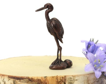 Solid Bronze, Foundry Cast Collectible Heron Sculpture, Small Gift for Bird Lovers