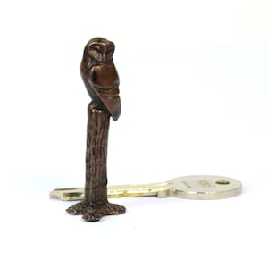 Tiny Bronze Barn Owl on Tree Stump, Foundry Cast Sculpture, Small Gift for Bird Lovers
