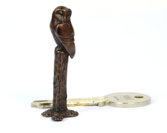 Tiny Bronze Barn Owl Sculpture, Tree Stump Figurine, Gift for Bird Lover