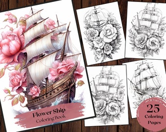 Flower Ship Coloring Book | 25 Pirate & Floral Designs (Digital Download)