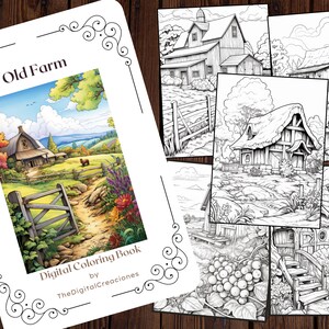 May include: A digital coloring book titled "Old Farm" by TheDigitalCreaciones. The cover features a colorful illustration of a farm with a barn, a fence, a path, and a field of flowers.