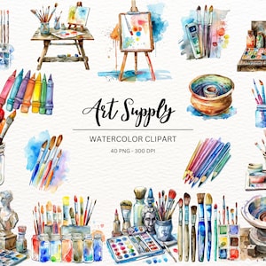 May include: Watercolour clipart set of art supplies, including paintbrushes, paint tubes, crayons, a pottery wheel, an easel, and a palette. The clipart is ideal for creating art projects, invitations, and other creative projects.