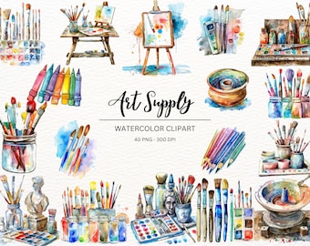 Watercolor Art Supplies Clipart | Painter Graphics (Digital Download)