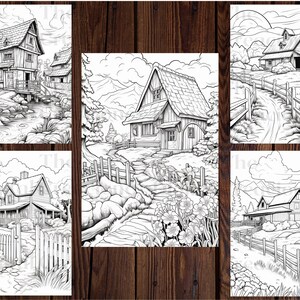 May include: A set of five black and white coloring pages featuring different houses and landscapes. Each page includes a house with a fence, trees, and other details. The pages are perfect for adults and children who enjoy coloring.