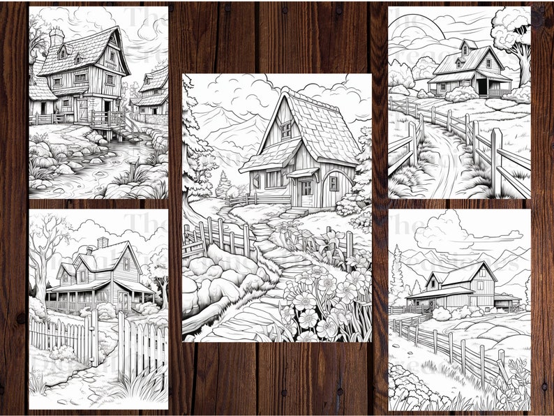 May include: A set of five black and white coloring pages featuring different houses and landscapes. Each page includes a house with a fence, trees, and other details. The pages are perfect for adults and children who enjoy coloring.
