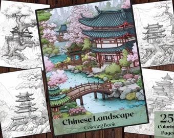 25 Chinese Landscape Coloring Book for Kids and Adults | China Landscape Coloring Book | Chinese Scenes Coloring Pages| Instant Download