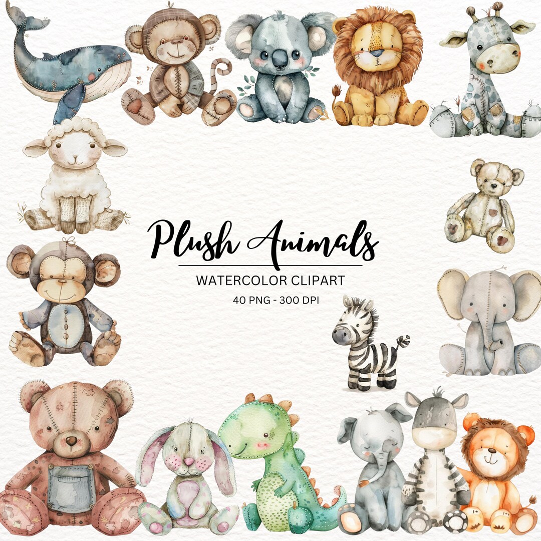 Watercolor Vintage Plush Animals Clipart Bundle, Nursery Animal Clip ...
