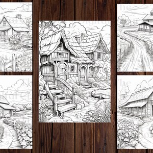 May include: A set of five black and white line drawings of different farmhouses and barns. Each drawing features a unique design with details like fences, trees, and paths.