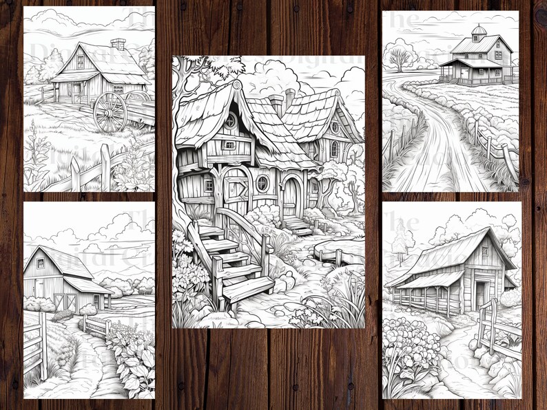 May include: A set of five black and white line drawings of different farmhouses and barns. Each drawing features a unique design with details like fences, trees, and paths.