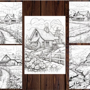 May include: Five black and white illustrations of houses in rural settings. Each illustration features a house with a path leading to it, surrounded by trees, fences, and other natural elements.