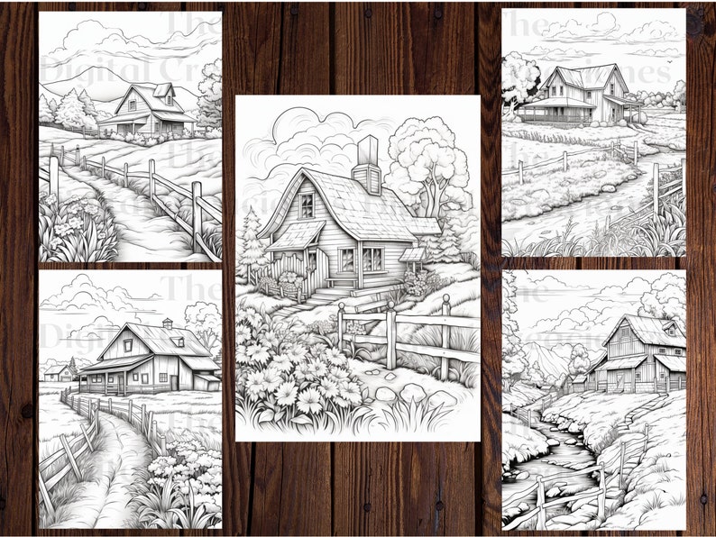 May include: Five black and white illustrations of houses in rural settings. Each illustration features a house with a path leading to it, surrounded by trees, fences, and other natural elements.