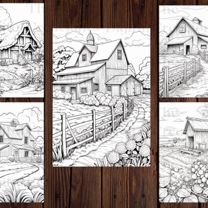 May include: A set of five black and white line drawings of farmhouses. Each drawing features a different farmhouse with a unique design and surrounding landscape. The farmhouses are depicted in a realistic style with detailed features such as windows, doors, and roofs. The drawings are suitable for coloring or use as inspiration for art projects.