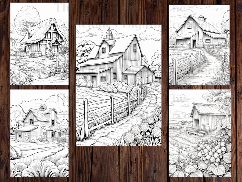May include: A set of five black and white line drawings of farmhouses. Each drawing features a different farmhouse with a unique design and surrounding landscape. The farmhouses are depicted in a realistic style with detailed features such as windows, doors, and roofs. The drawings are suitable for coloring or use as inspiration for art projects.