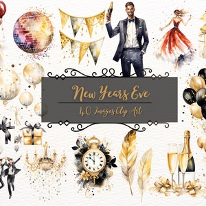 Clipart de festa de véspera de ano novo | 40 imagens PNG | Pacote aquarela de ano novo | Ano novo bacana preto e dourado, champanhe | Uso comercial PNG
