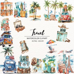 40 cliparts de voyage aquarelle | Graphiques de vacances de vacances|Valise| Illustrations de bagages | Téléchargement instantané pour une utilisation commerciale