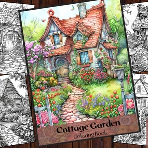 25 Cottage Gardens | Adults Coloring Pages|Instant Download|Grayscale Coloring Book|Printable PDF File
