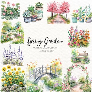 40 Watercolor Spring Gardens Clipart|Spring Garden Illustrations|Painted Garden Clipart|PNG Graphics|Instant Download for Commercial Use