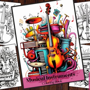 25 Musical Instruments Coloring Book|Graffiti style |Adults and Kids Printable Coloring Books|Coloring Pages|Instant Download PNG File.